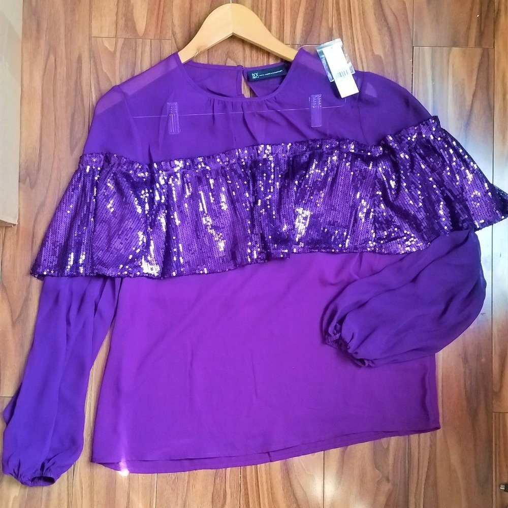 NWT Bright Purple Mesh Sequin Top, size M.